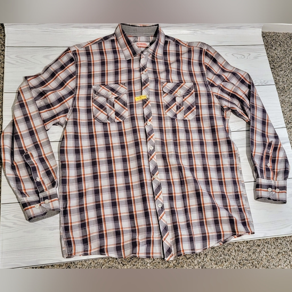 Michael Brandon Orange & Black Plaid Button-Down Long Sleeve Shirt Sz L